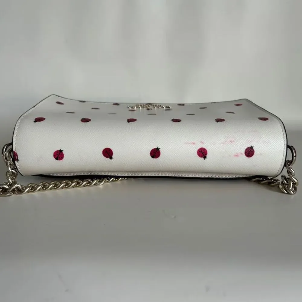 Kate Spade Ladybug Print Crossbody Bag White Saffiano Leather Chain Strap Purse
